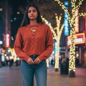 Derek Heart Juniors Terracotta Crop Crisscross Cable Knit Sweater Size-S NWT